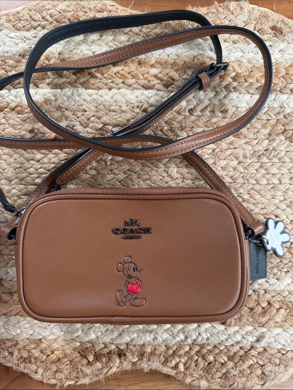 Coach Tan/Brown Leather Crossbody with Mickey Graphic
